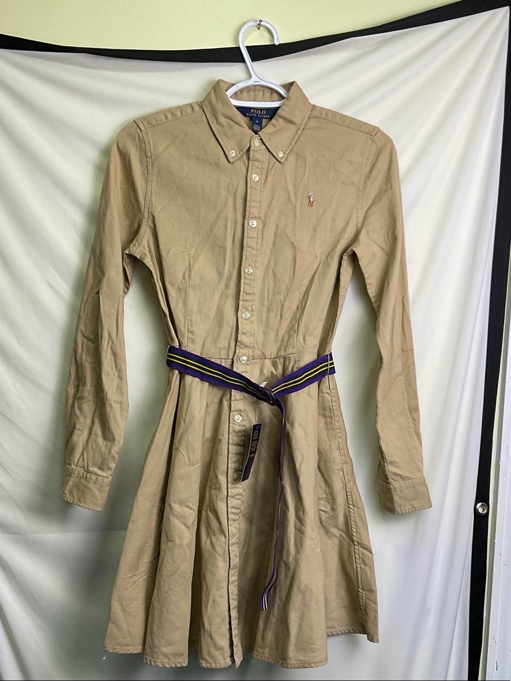 Polo by Ralph Lauren Girls Khaki Button-Front Shirt Dress with Striped Belt